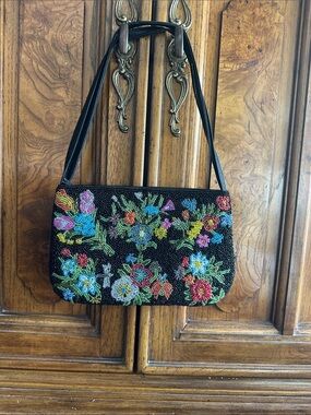 Black Beaded Floral Shoulder Bag - Multicolor Embroidery